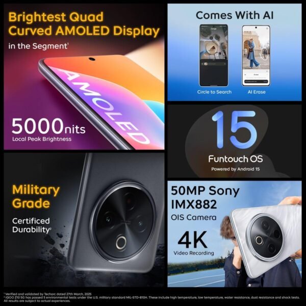 iQOO Z10 5G (Glacier Silver, 12GB RAM, 256GB Storage) | India's Biggest Ever 7300 mAh Battery | Snapdragon 7s Gen 3 Processor | Brightest Quad Curved AMOLED Display in The Segment
