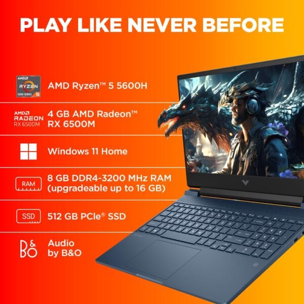 HP Victus Gaming Laptop, AMD Ryzen 5 5600H, AMD 4GB Radeon RX 6500M Graphics, 15.6-inch (39.6 cm), FHD, IPS, 8GB DDR4, 512GB SSD, Backlit KB, B&O (Win 11, Blue, 2.29 kg), fb0147AX, fb0184ax